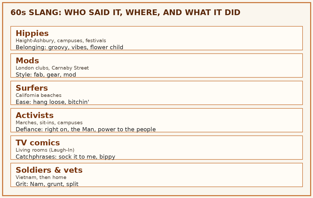 Diagram mapping who used 60s slang, where it was heard, and what each group used it for
