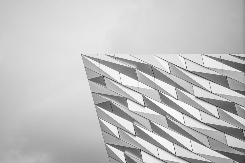 Geometric facade of the Titanic Belfast building in Northern Ireland.